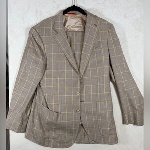 Isaia 40R 100% Wool Patch Pocket Tan and Yellow Spring Summer Recent Plaid Suit